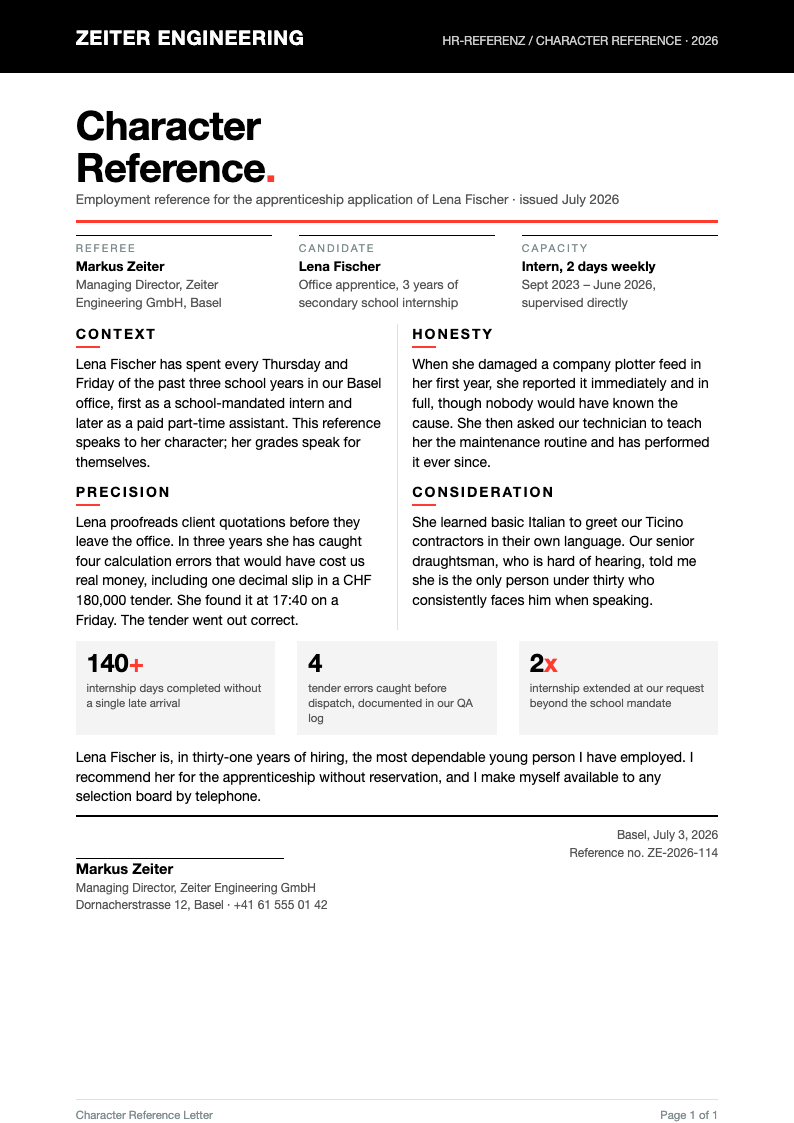 Swiss international character reference letter
